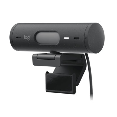 Logitech Brio 505 grafito con tapa de privacidad cerrada para mayor seguridad en reuniones híbridas y home office