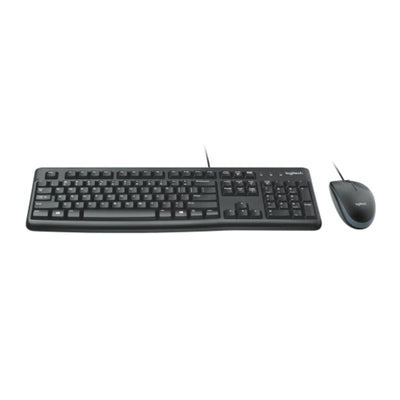 Logitech MK120 teclado y mouse con cable USB en vista angular, ideal para estaciones de trabajo confiables y uso corporativo.