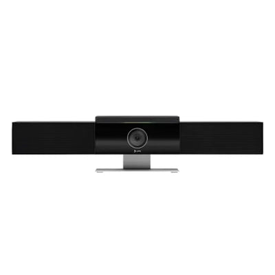 Poly Studio USB Video Bar vista frontal en fondo blanco, con cámara integrada para videoconferencias profesionales en salas de reunión y huddle rooms.