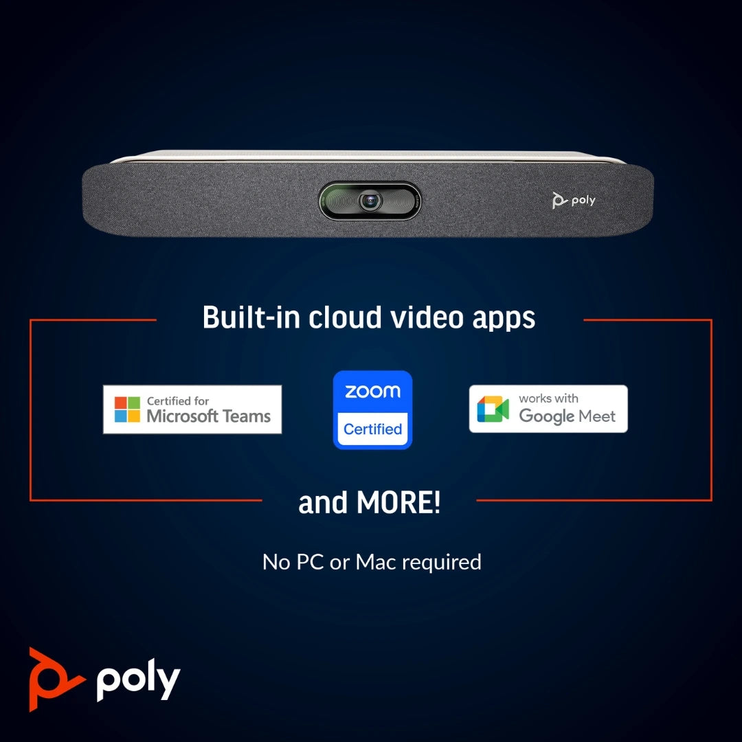 Creativa de Poly Studio X30 destacando apps nativas en la nube con certificaciones para Microsoft Teams, Zoom y Google Meet, videobar todo en uno para salas pequeñas sin necesidad de PC o Mac