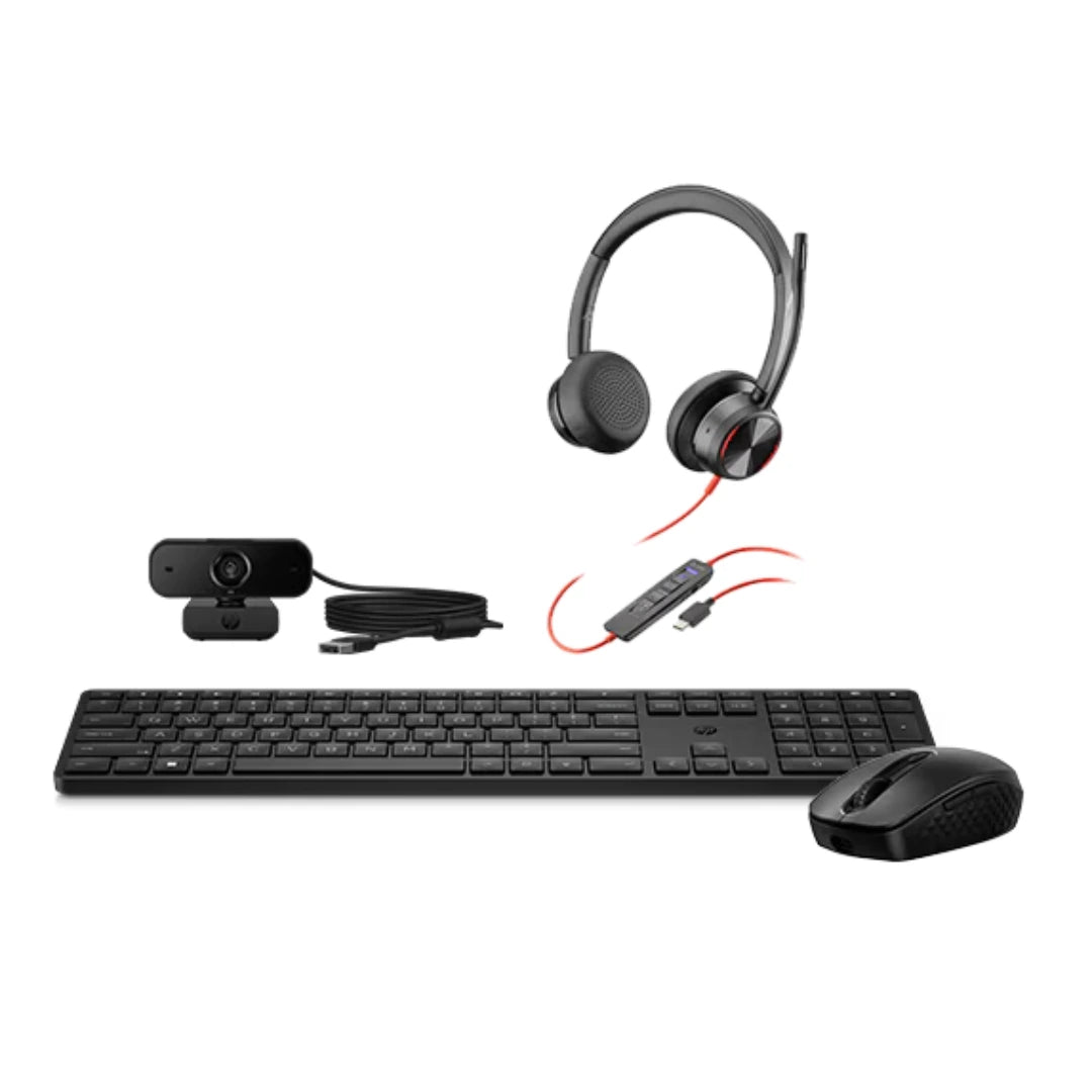 Kit HP Remote Collaborator Basic Bundle 8225 con headset Poly Blackwire 8225, webcam HP 435 FHD, teclado inalámbrico HP 455 y mouse recargable HP 690 para videollamadas y trabajo híbrido profesional