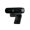 Logitech BRIO 4K HDR en ángulo lateral tres cuartos, cámara web premium para reuniones y streaming con acabado profesional