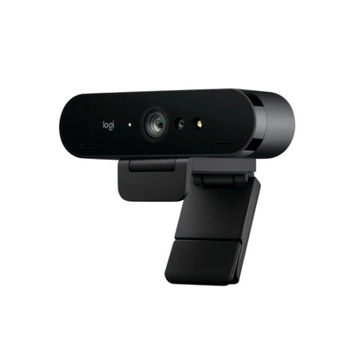 Logitech BRIO 4K HDR en ángulo lateral tres cuartos, cámara web premium para reuniones y streaming con acabado profesional