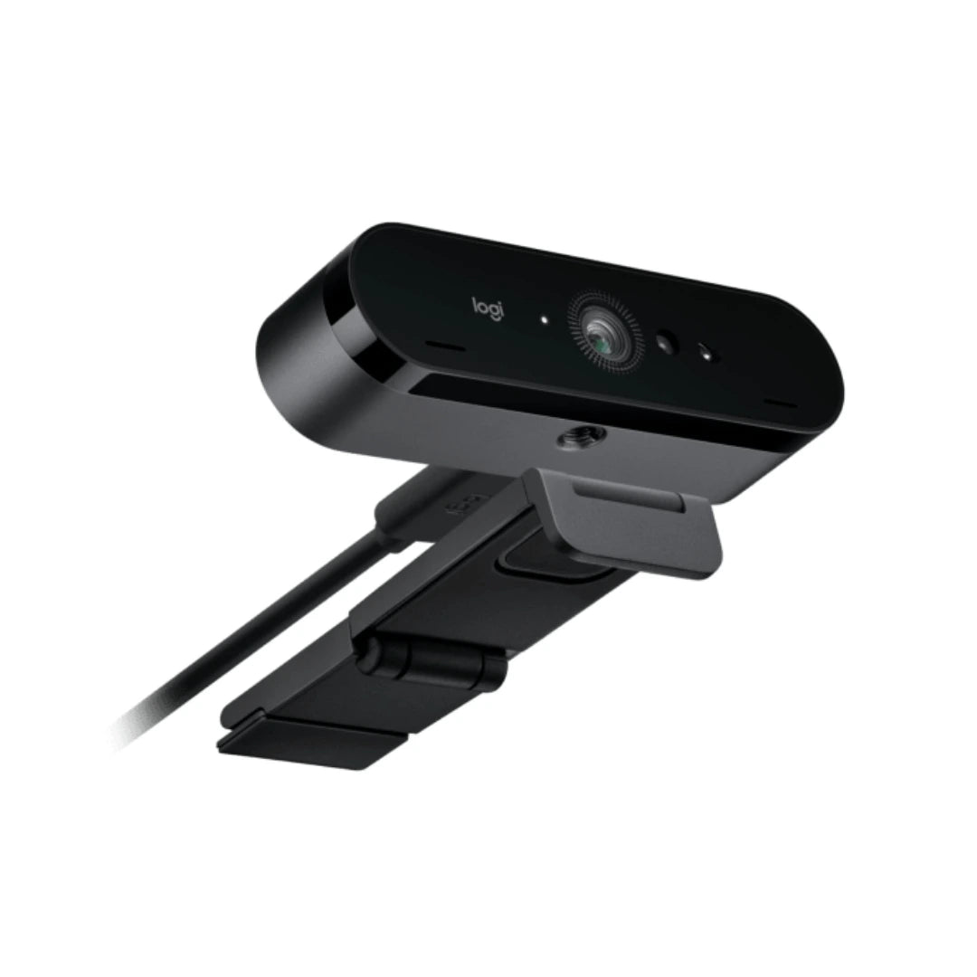 Vista inferior de Logitech BRIO 4K HDR mostrando rosca para trípode, montaje flexible para salas de reunión y escritorios