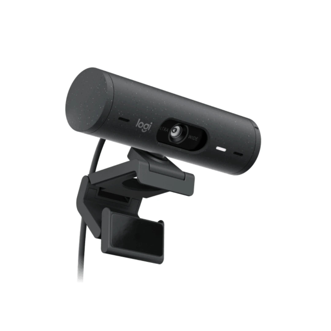Logitech Brio 505 en ángulo lateral mostrando el soporte ajustable para posicionamiento estable en videoconferencias