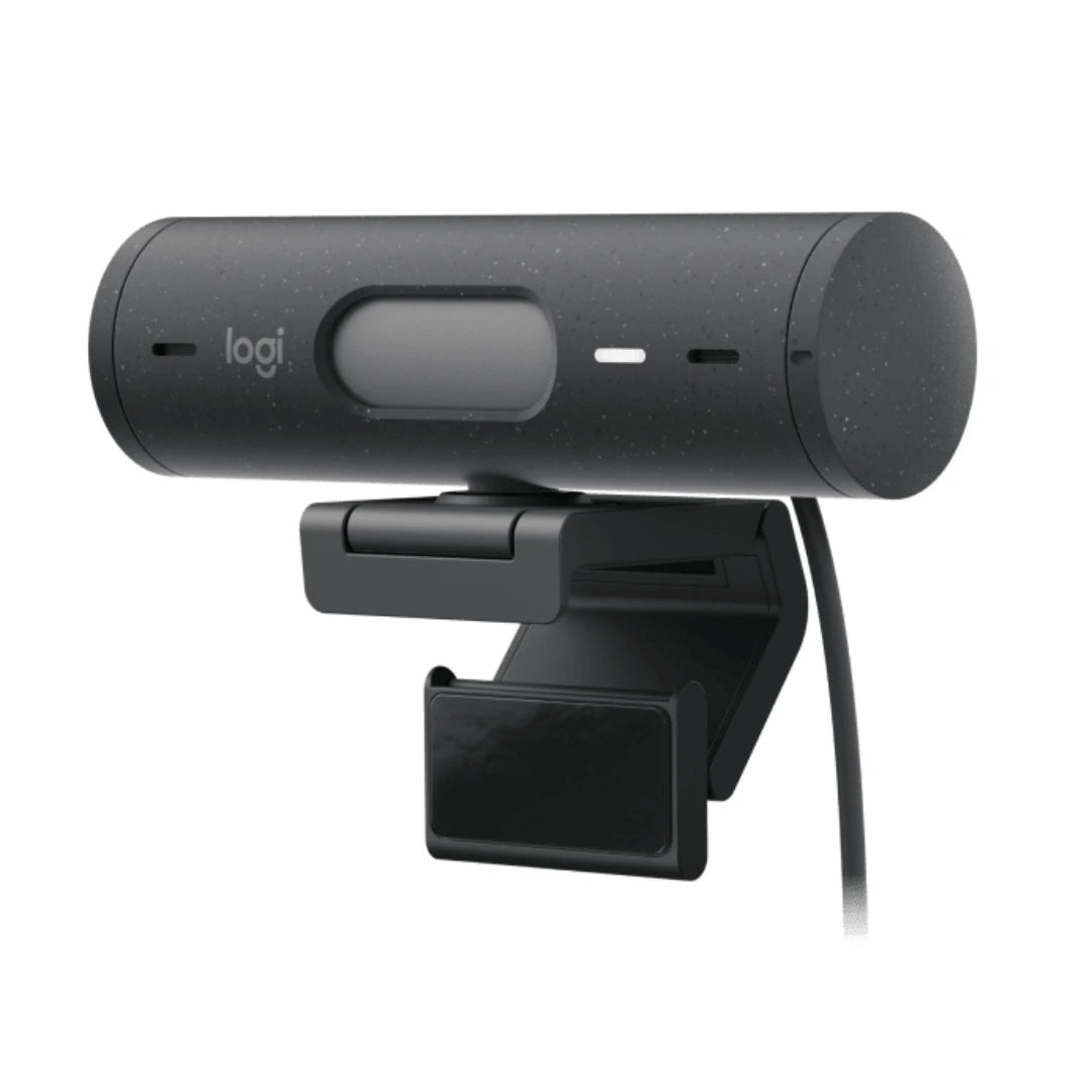 Logitech Brio 505 grafito con tapa de privacidad cerrada para mayor seguridad en reuniones híbridas y home office