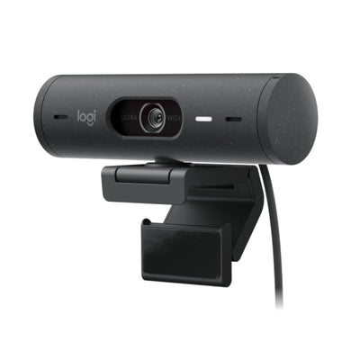 Webcam Logitech Brio 505 grafito vista 3/4 con lente visible para videollamadas profesionales en Full HD