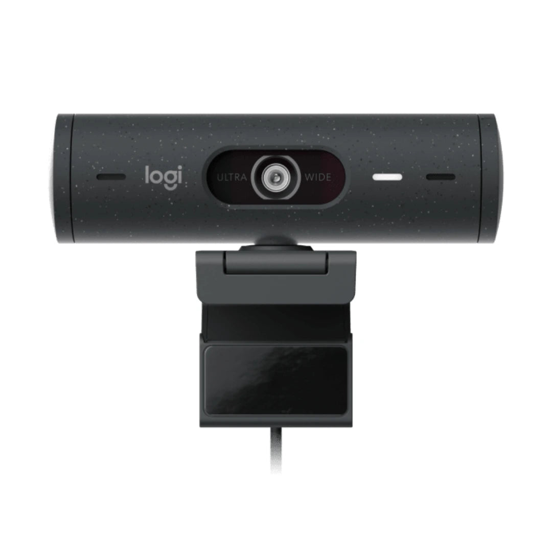 Webcam Logitech Brio 505 vista frontal con clip de montaje para instalar en monitor o laptop en entorno corporativo