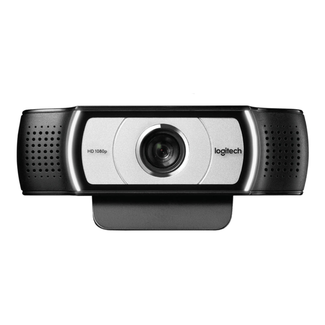 Detalle frontal de la Logitech C930e con lente de alta precisión, optimizada para videoconferencias Full HD 1080p con buena iluminación automática.