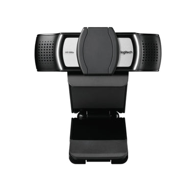 Logitech C930e con tapa de privacidad cerrada para proteger la lente, pensada para videoconferencias seguras en entornos profesionales.
