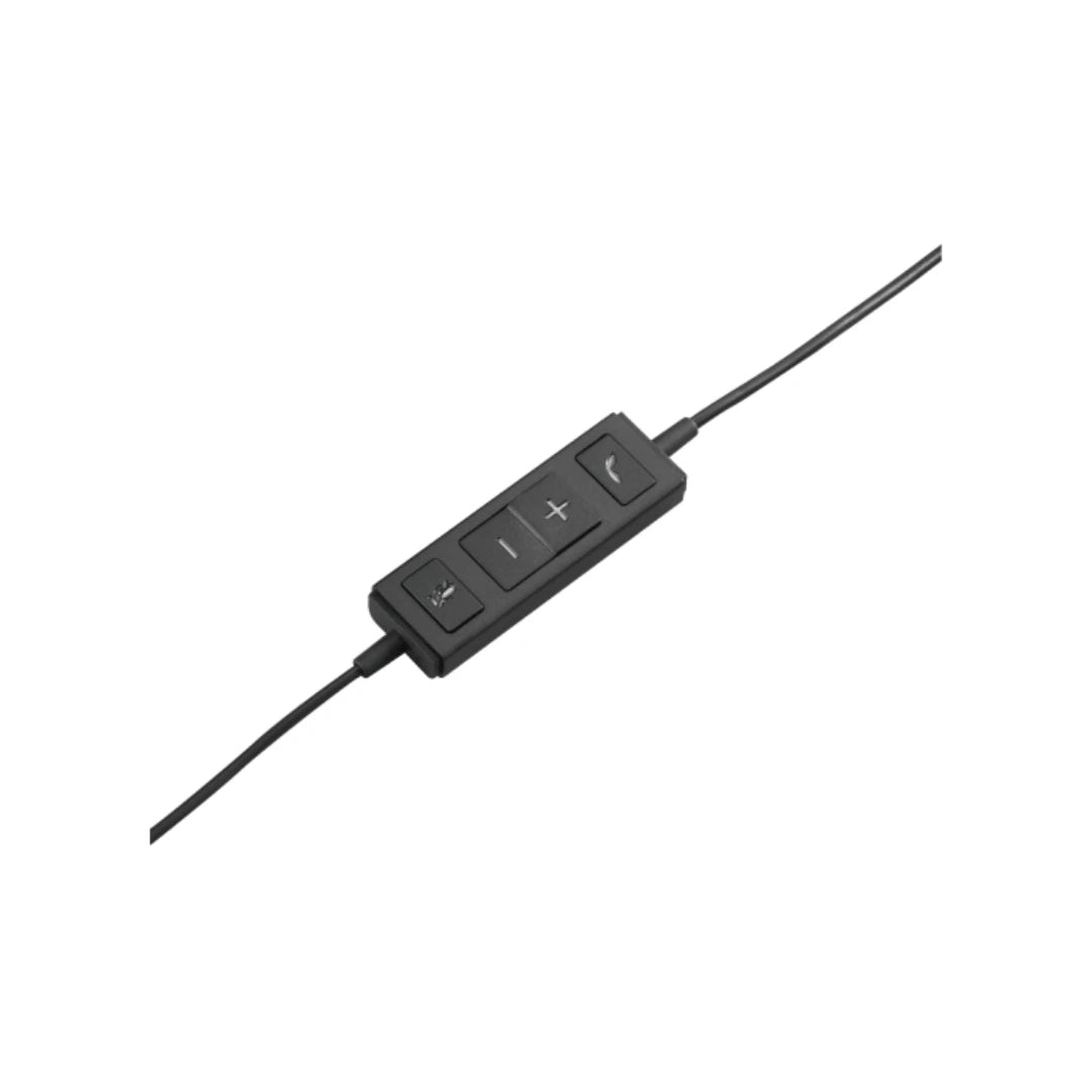 Control en cable del headset Logitech H570e con botones de responder y colgar, silencio y volumen para gestionar llamadas de forma rápida en oficina