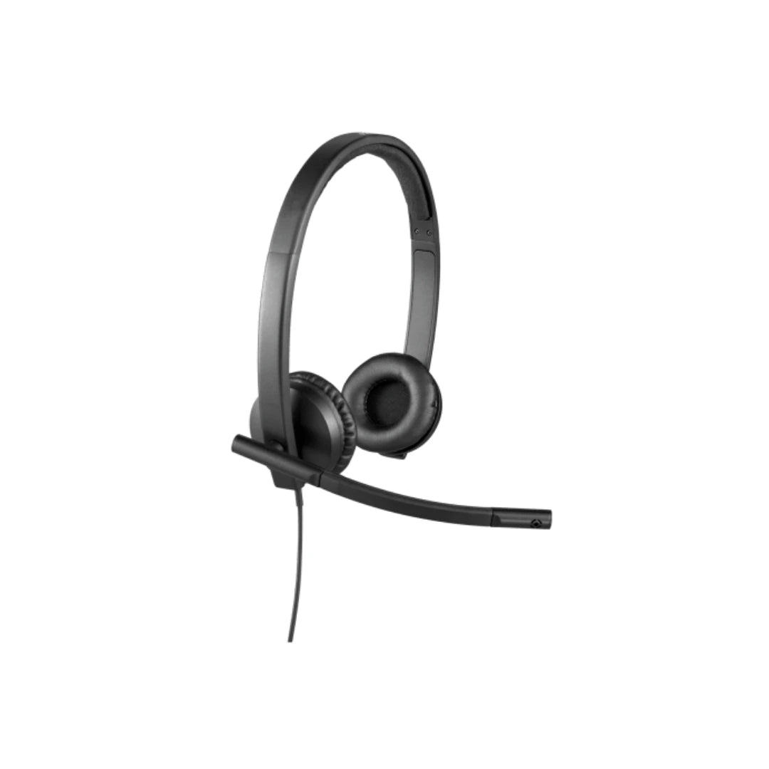 Logitech H570e UC estéreo USB-A vista lateral derecha con brazo de micrófono, pensado para comunicación profesional con reducción de ruido ambiental