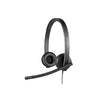 Audífonos con micrófono Logitech H570e UC estéreo USB-A en vista lateral izquierda, ideales para llamadas claras con supresión de ruido en oficina