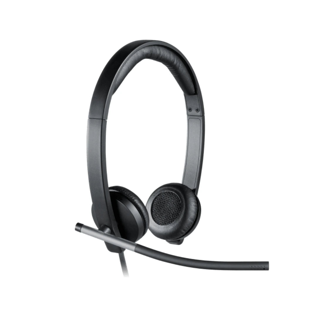 Logitech H650e 981-000518 auriculares estéreo USB-A vista frontal, diseñados para uso empresarial con audio de banda ancha y comodidad en llamadas largas