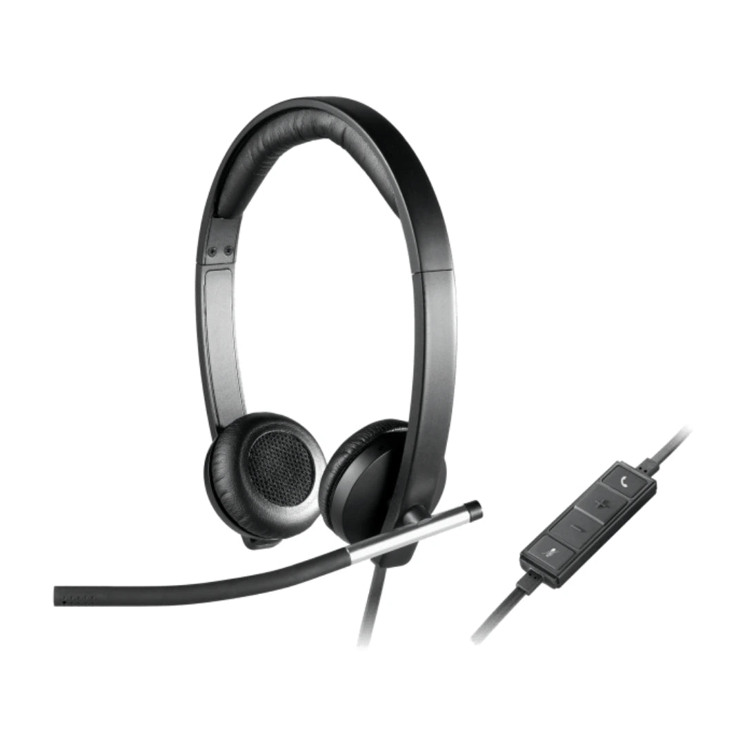 Auriculares Logitech H650e 981-000518 con controles integrados en el cable para responder llamadas, silenciar y ajustar volumen sin distraerse del trabajo