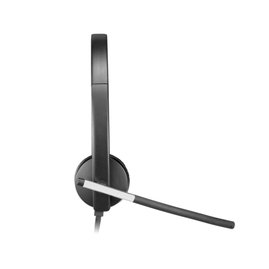 Logitech H650e 981-000518 vista lateral con varilla de micrófono flexible ajustable para posicionar la voz con precisión en llamadas profesionales