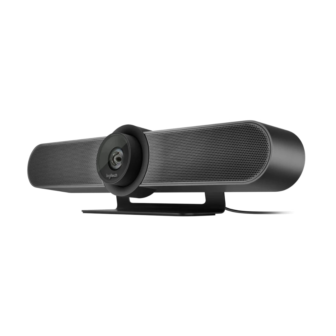 Logitech MeetUp 960-001101 en ángulo izquierdo con cámara y audio integrados para videoconferencias nítidas en espacios reducidos