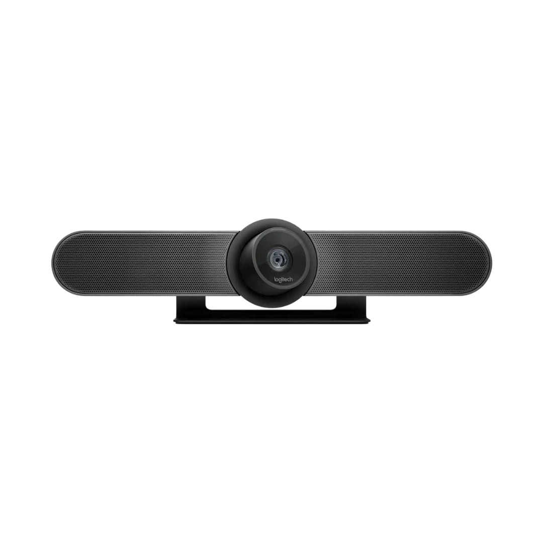 Cámara Logitech MeetUp 960-001101 vista frontal con lente ultra gran angular para encuadrar a todos en salas de reunión pequeñas