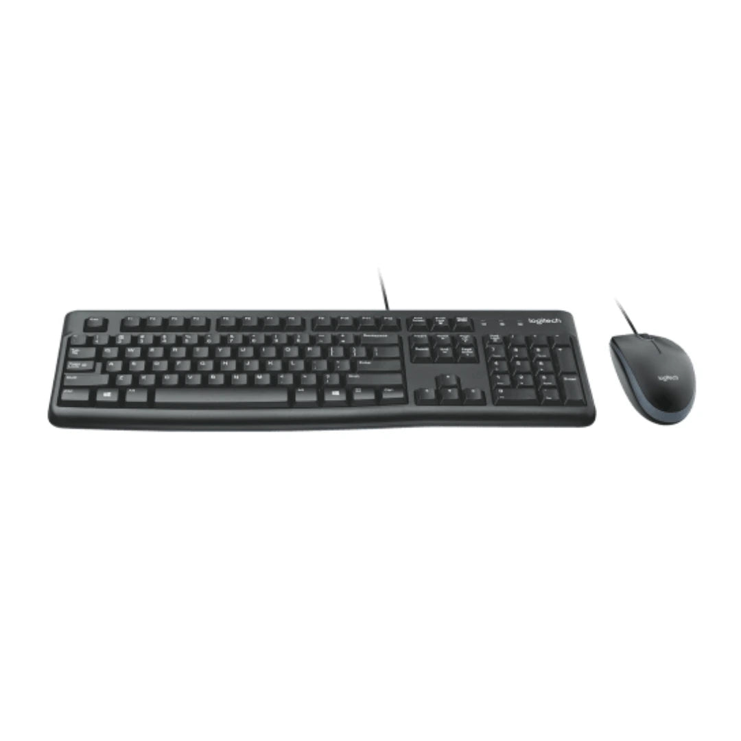 Logitech MK120 teclado y mouse con cable USB en vista angular, ideal para estaciones de trabajo confiables y uso corporativo.