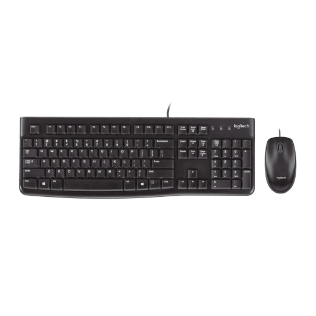 Combo Logitech MK120 con teclado y mouse USB alámbricos en vista frontal para productividad diaria en oficina y home office.