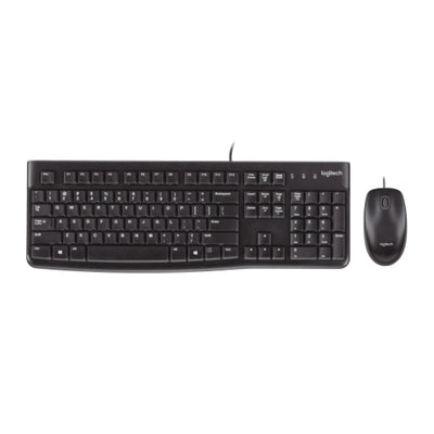 Combo Logitech MK120 con teclado y mouse USB alámbricos en vista frontal para productividad diaria en oficina y home office.