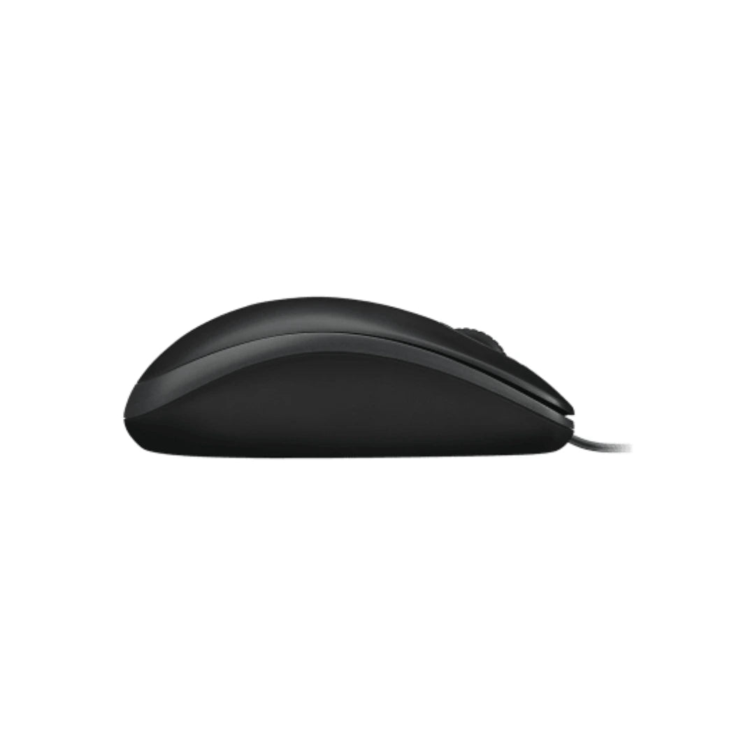 Perfil lateral del mouse Logitech MK120 alámbrico con forma cómoda para uso prolongado en escritorio y oficina.