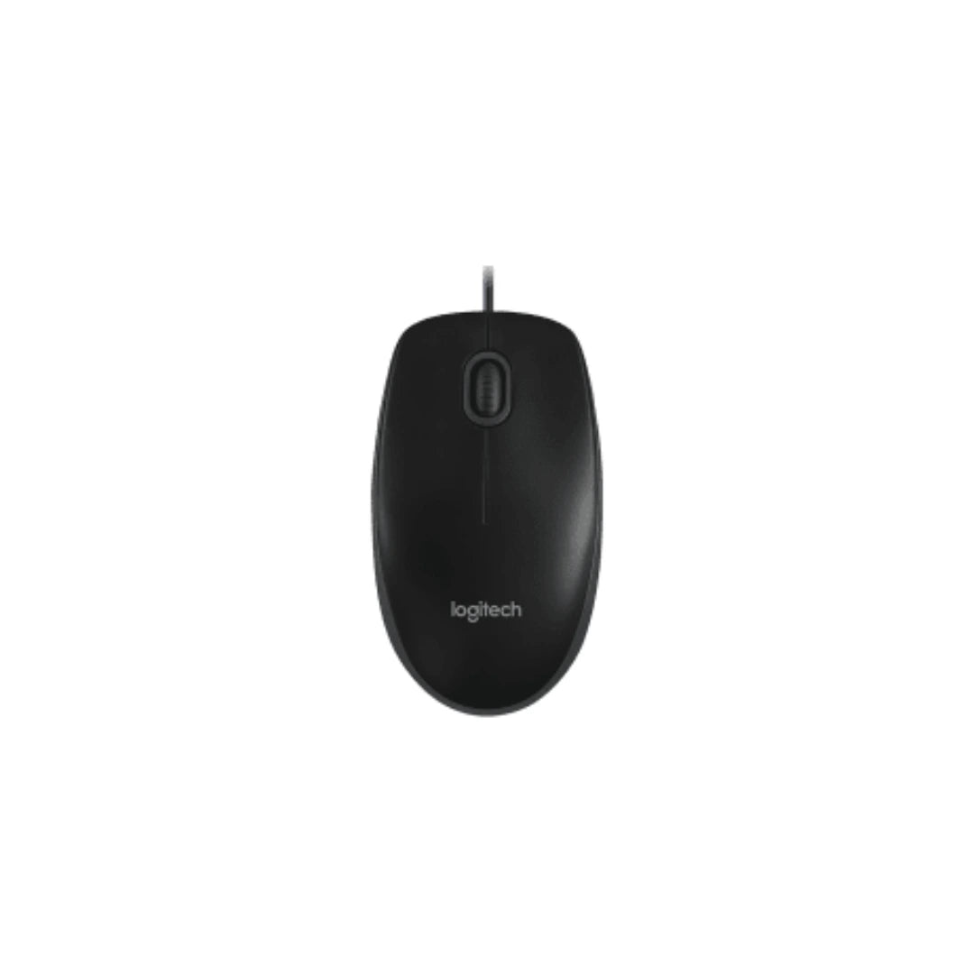 Mouse Logitech MK120 con cable USB en vista superior, pensado para control preciso y navegación diaria en entornos de trabajo.