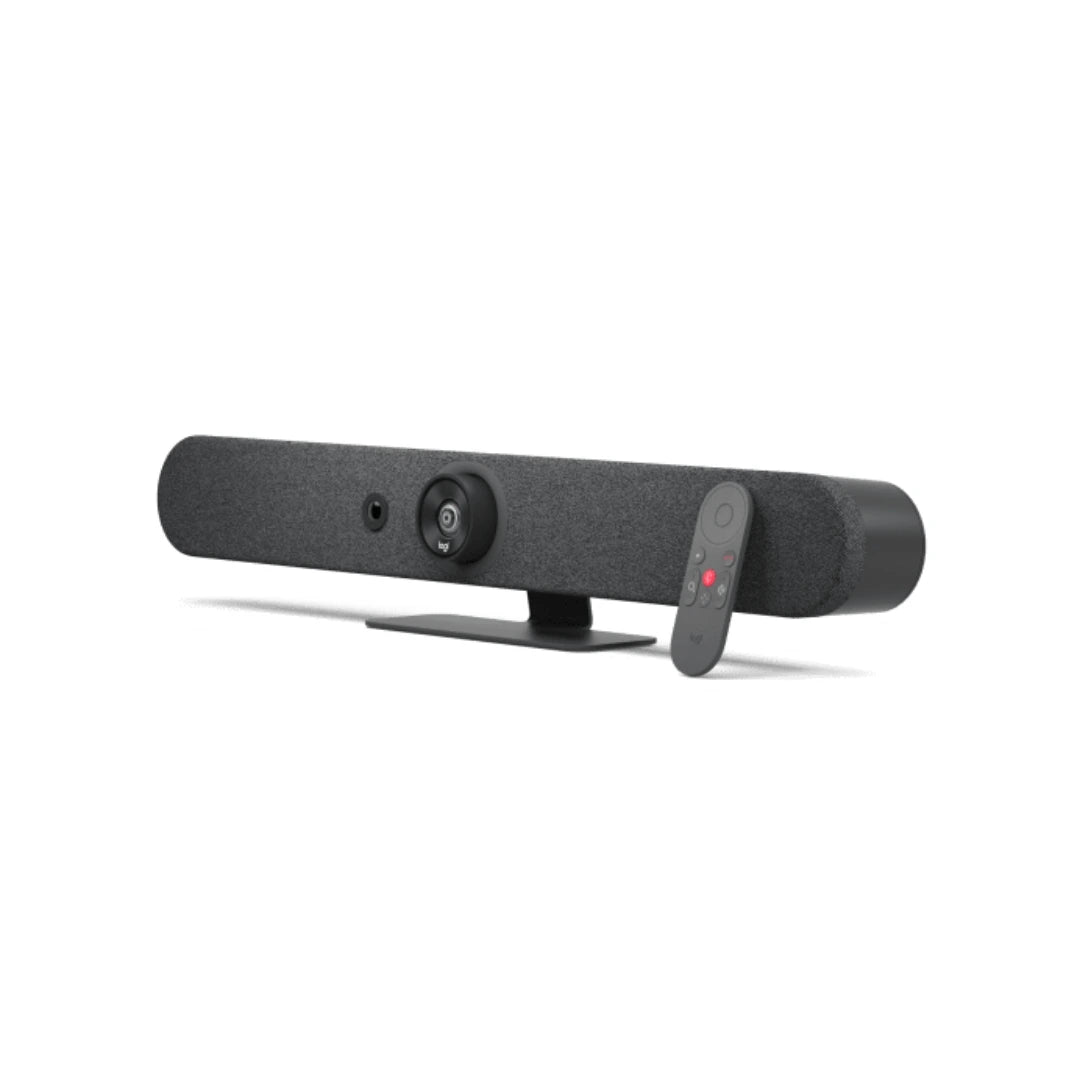 Logitech Rally Bar Mini 960-001336 con control remoto, sistema todo en uno para salas de reunión con audio integrado y encuadre inteligente para videoconferencias