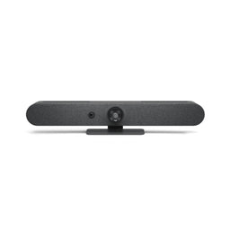 Logitech Rally Bar Mini 960-001336 en vista frontal, barra de videoconferencia 4K con cámara PTZ y micrófonos beamforming para salas de reuniones pequeñas y medianas