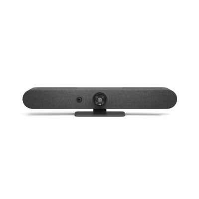 Logitech Rally Bar Mini 960-001336 en vista frontal, barra de videoconferencia 4K con cámara PTZ y micrófonos beamforming para salas de reuniones pequeñas y medianas
