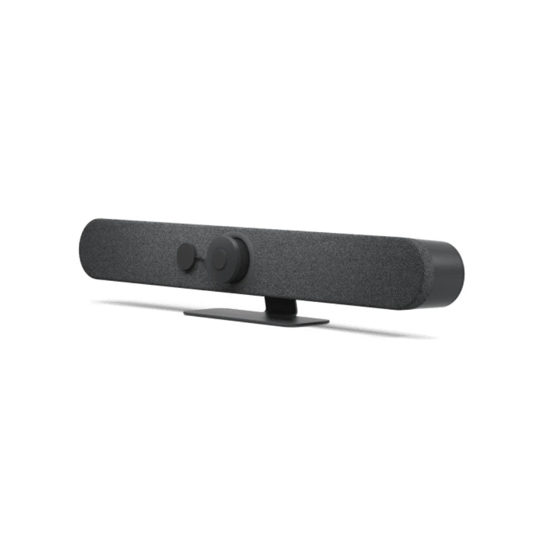 Logitech Rally Bar Mini 960-001336 en vista lateral con tapa de lente, barra de videoconferencia para salas pequeñas/medianas con privacidad y montaje sobre pantalla