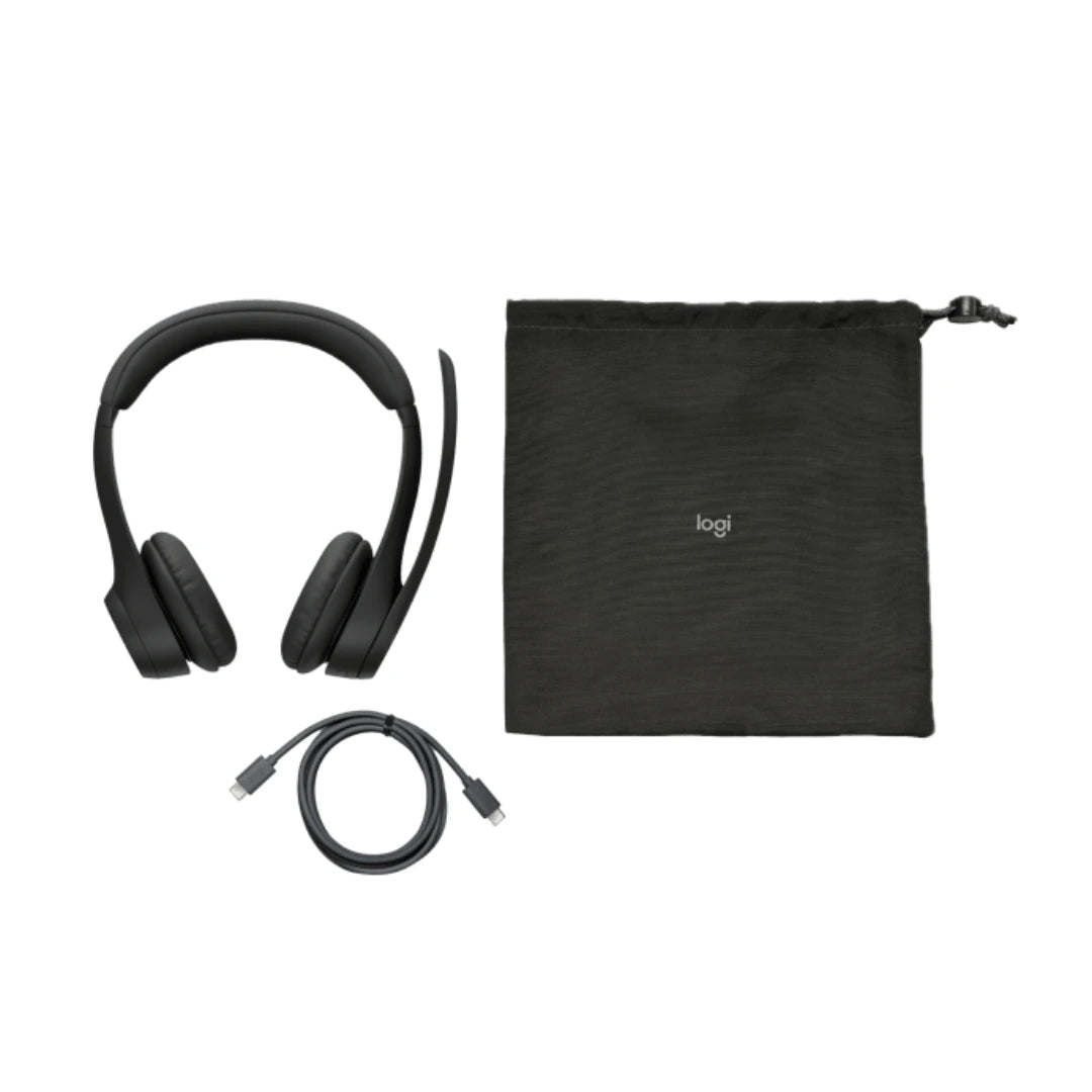Contenido del paquete Logitech Zone 305 981-001457 con bolsa de transporte y cable USB-C, listo para despliegue empresarial y uso diario