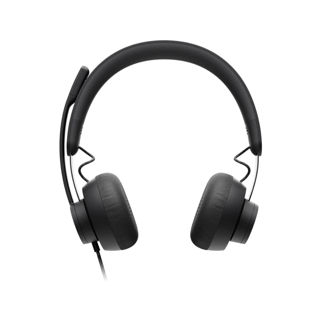 Vista frontal de Logitech Zone Wired, diadema acolchada y diseño cómodo para uso prolongado en jornadas de oficina