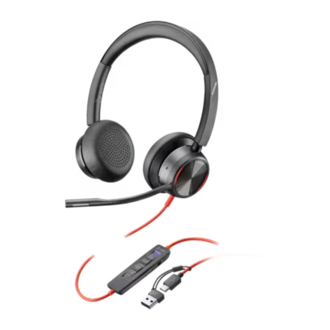 Headset Poly Blackwire 8225 Stereo con controles en el cable y adaptador USB-C a USB-A, diseñado para llamadas profesionales claras y trabajo híbrido en Microsoft Teams