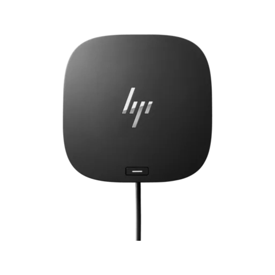 HP USB-C Dock G5 for Business vista superior con cable USB-C integrado, base de conexión de un solo cable para escritorio corporativo y trabajo híbrido.