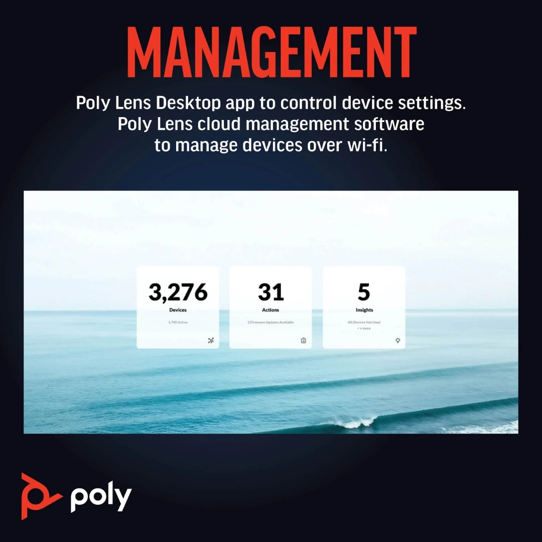 Pantalla de gestión de Poly Studio R30 con Poly Lens Desktop y Poly Lens Cloud para configurar el dispositivo y administrar ajustes de forma remota por Wi-Fi en entornos corporativos.