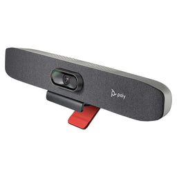 Poly Studio R30 USB video bar en vista 3/4 con soporte tipo monitor clamp para montaje en pantalla, ideal para videoconferencias profesionales en salas pequeñas.