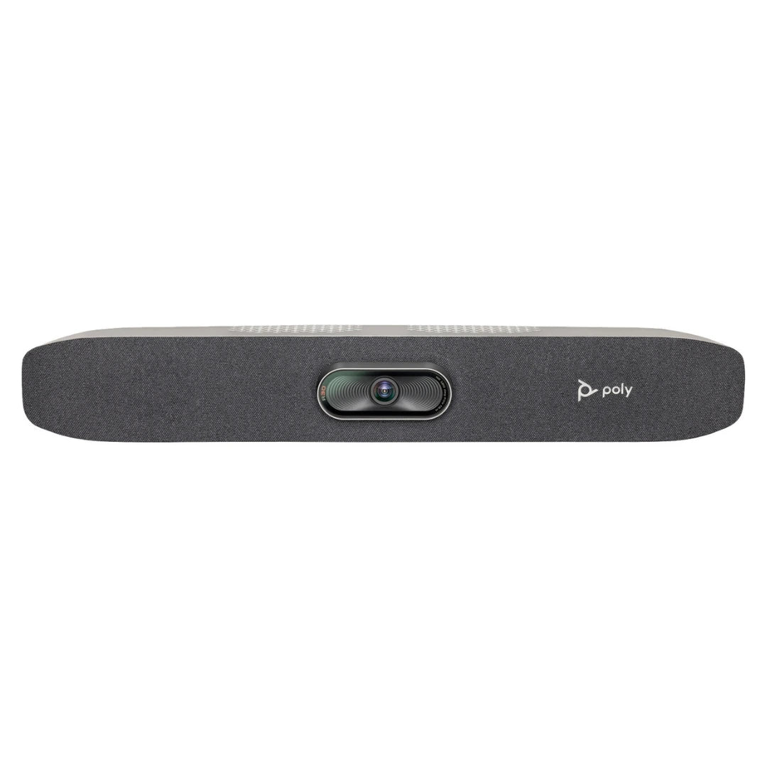Poly Studio R30 USB video bar en vista frontal con cámara integrada y tejido acústico, ideal para videoconferencias en salas pequeñas y huddle rooms.