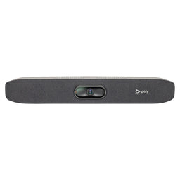 Poly Studio R30 USB video bar en vista frontal con cámara integrada y tejido acústico, ideal para videoconferencias en salas pequeñas y huddle rooms.