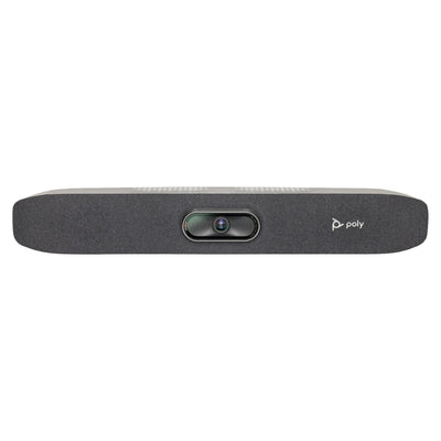 Poly Studio R30 USB video bar en vista frontal con cámara integrada y tejido acústico, ideal para videoconferencias en salas pequeñas y huddle rooms.