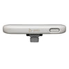 Vista superior de la Poly Studio R30 USB video bar con carcasa en color claro, logotipo Poly y soporte de montaje central para instalación en pantalla en salas pequeñas.