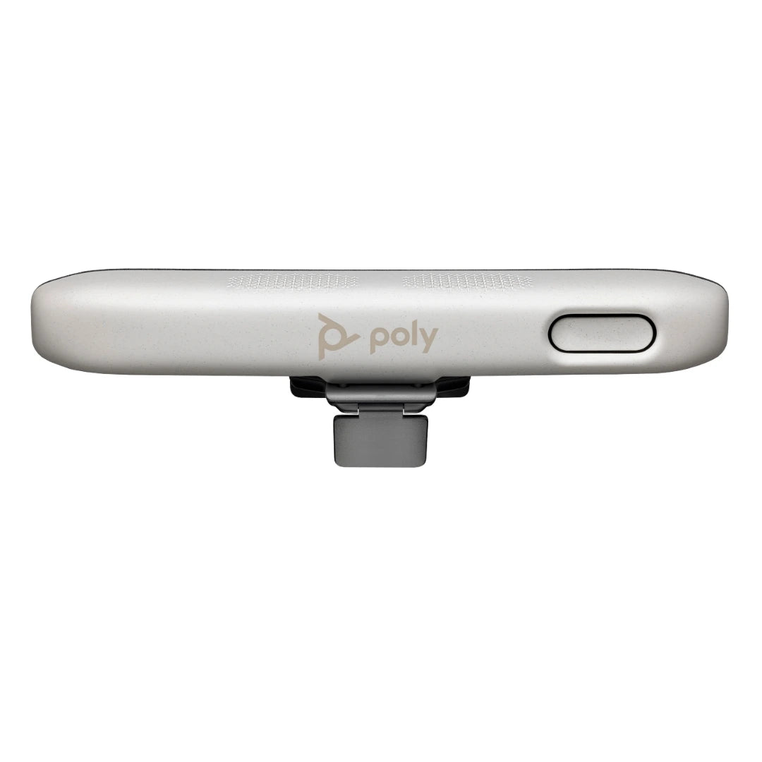 Vista superior de la Poly Studio R30 USB video bar con carcasa en color claro, logotipo Poly y soporte de montaje central para instalación en pantalla en salas pequeñas.