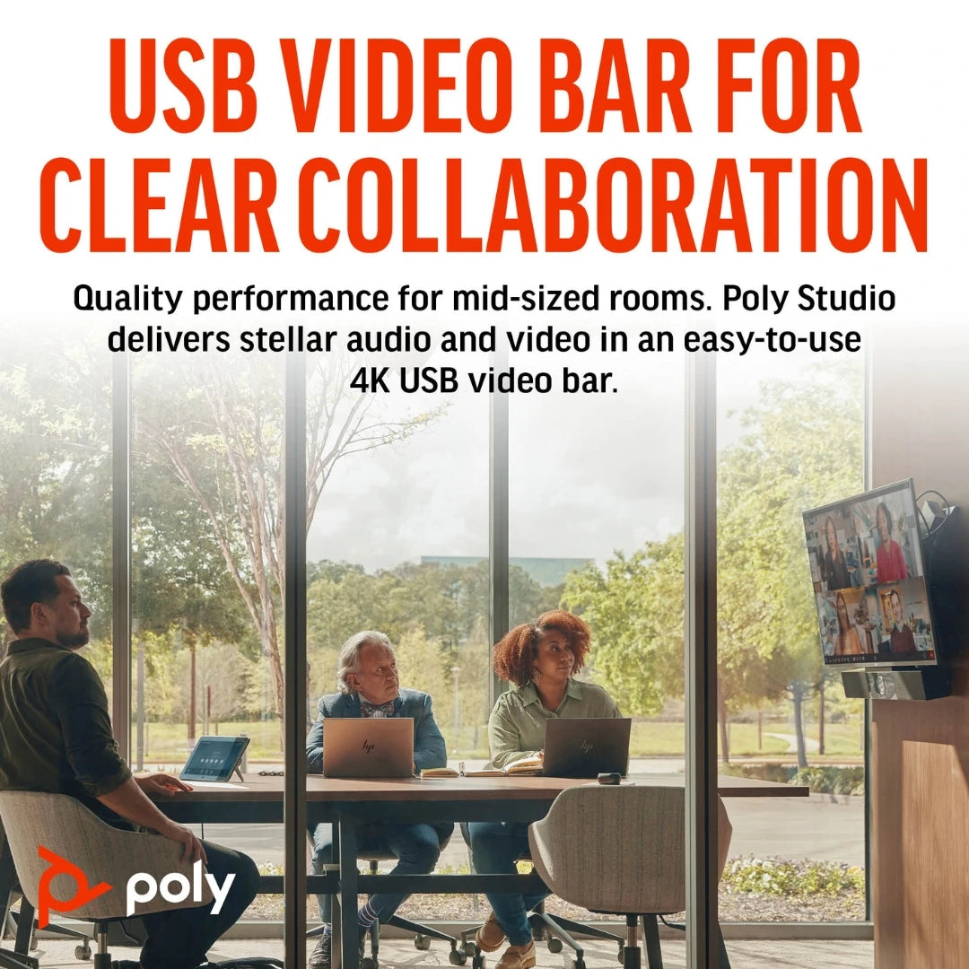 Reunión híbrida en sala mediana con Poly Studio USB Video Bar 4K conectada a pantalla para videoconferencias, ofreciendo colaboración clara con audio y vídeo profesionales.