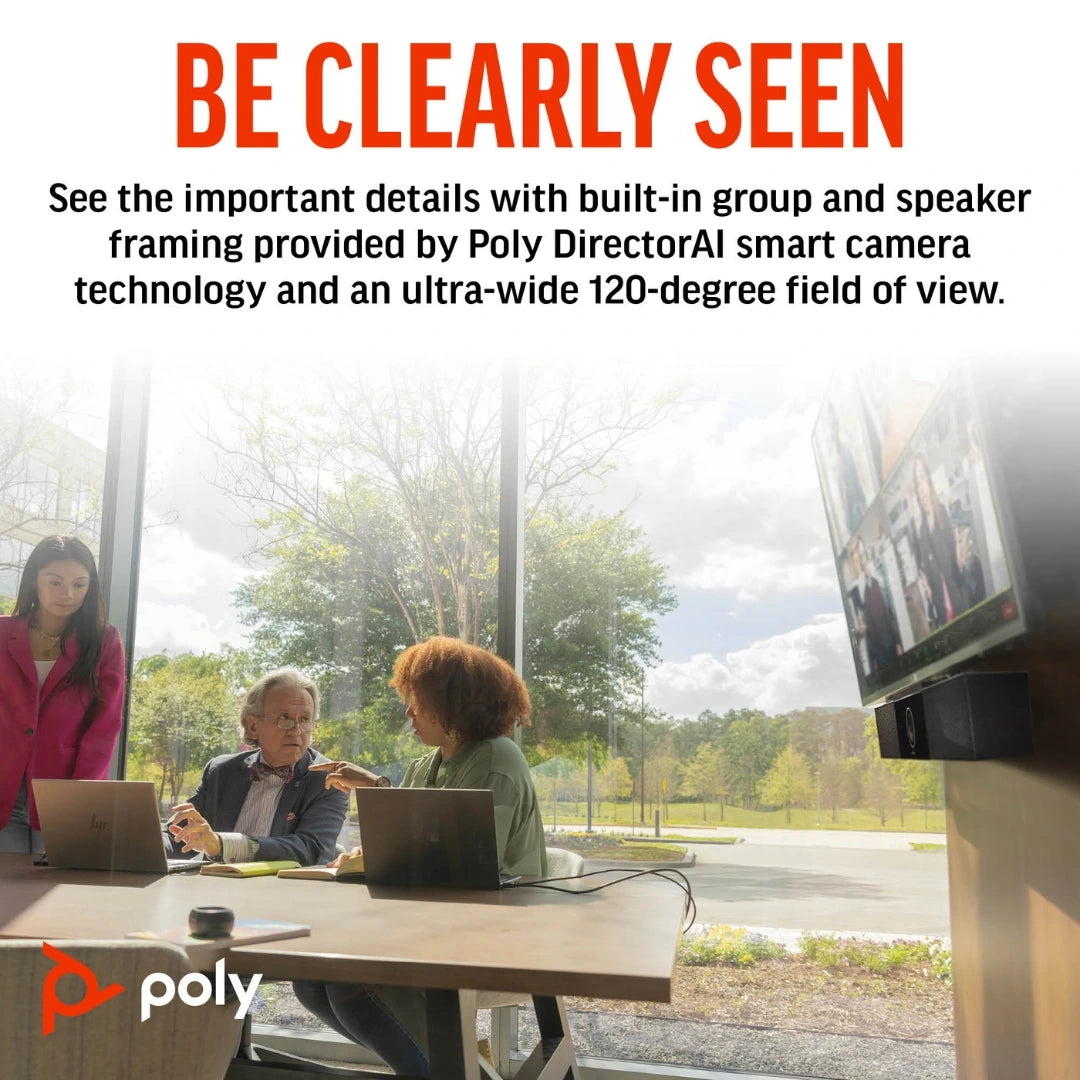Escena en sala de reuniones con Poly Studio USB Video Bar conectada a una pantalla, destacando Poly DirectorAI para encuadre de grupo y orador y su campo de visión ultra gran angular de 120° para videollamadas profesionales.