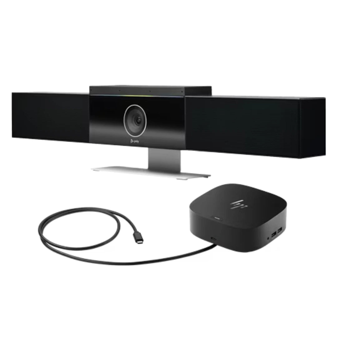 Bundle Poly Studio USB Video Bar junto al HP USB-C Dock G5 con cable USB-C incluido, solución plug and play para videoconferencias profesionales y estaciones de trabajo híbridas.