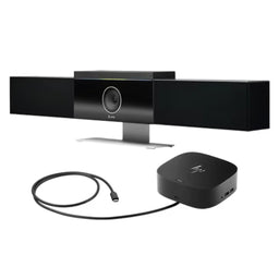 Bundle Poly Studio USB Video Bar junto al HP USB-C Dock G5 con cable USB-C incluido, solución plug and play para videoconferencias profesionales y estaciones de trabajo híbridas.