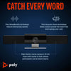 Infografía de Poly Studio USB Video Bar destacando NoiseBlockAI para reducir ruidos y Acoustic Fence para bloquear voces externas, con altavoces estéreo de alta fidelidad para que todos se escuchen claro en salas de reuniones.