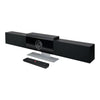 Poly Studio USB Video Bar en vista angular con control remoto incluido, barra de videoconferencia USB para salas medianas con manejo rápido de llamadas y ajustes en reuniones profesionales.