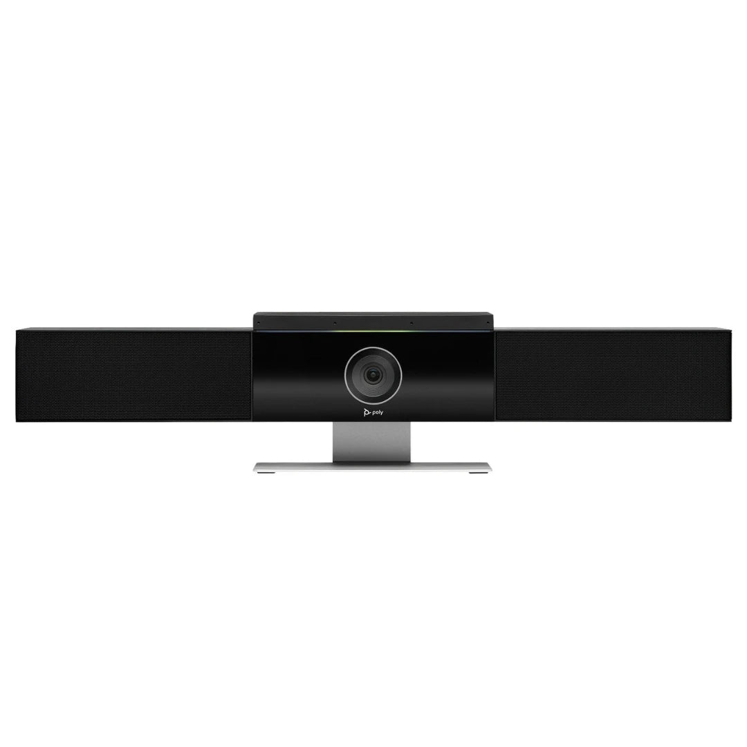 Poly Studio USB Video Bar en vista frontal centrada sobre fondo blanco, barra USB con cámara integrada y altavoces para reuniones híbridas con calidad profesional en salas medianas.
