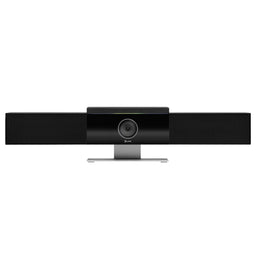 Poly Studio USB Video Bar en vista frontal centrada sobre fondo blanco, barra USB con cámara integrada y altavoces para reuniones híbridas con calidad profesional en salas medianas.